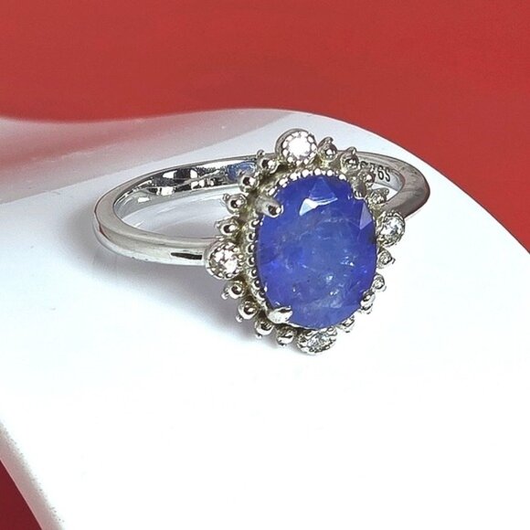 925 Sterling Silver Ring Sz 7 with Natural Oval Tanzanite 8x6mm & Cz - Picture 1 of 10